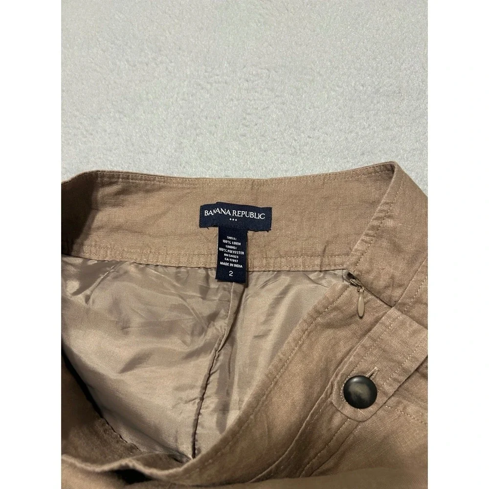 Banana Republic Brown 100% Linen Mini Skirt Size 2 Side Zip Pockets Lined